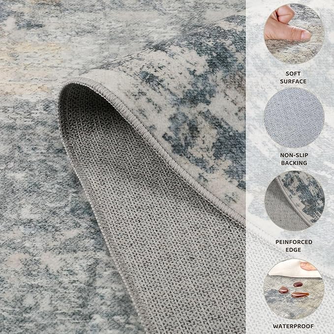 6ft Round Area Rug Living Room Rugs - 6x6 Washable Neutral Modern Abstract Soft Thin Rug Indoor Floor No Slip Rug Carpet for Bedroom Under Dining Table Home Office Decor - Blue Grey