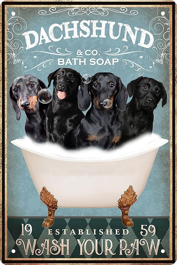 Funny Dachshund Gifts Decor Vintage Bathroom and Bathtub Metal Tin Sign Decor Dog Lovers Gift Farm Home Bar Restroom Toilet Retro Wall Art Poster Sign Accessories 8x12 Inch