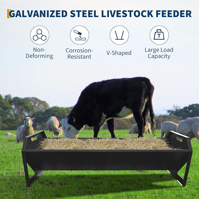 45.13" Heavy Duty Steel Goat Feeder, Heavy Duty 22 Gallon Capacity Livestock Feed Trough, Thickened Livestock Feeder for Goats, Sheep, Horses, Cattle, Alpacas, Easy to Clean, Black