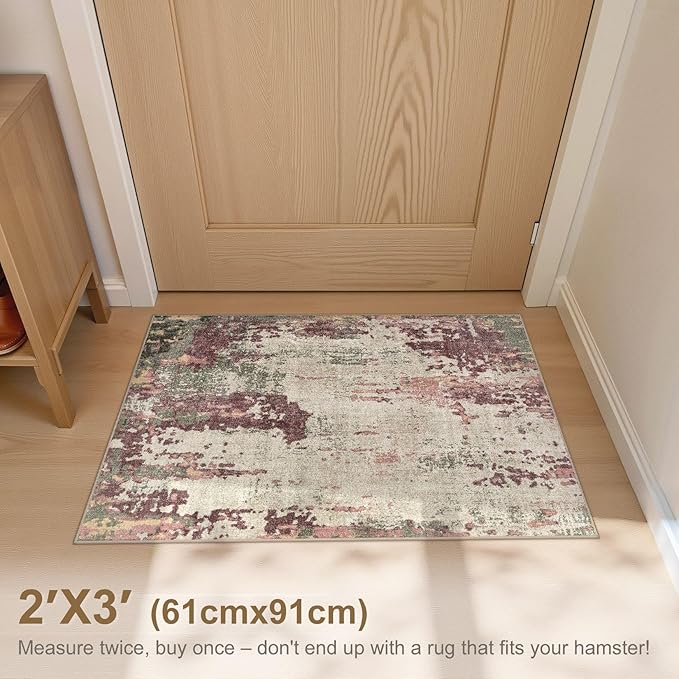 2x3 Entryway Area Rug: Washable Neutral Modern Abstract Small Rug - Non-Slip Low Pile Throw Indoor Carpet for Entrance Kitchen Front Door Mat Bathroom Entry Kids Room - Purple/Green/Beige