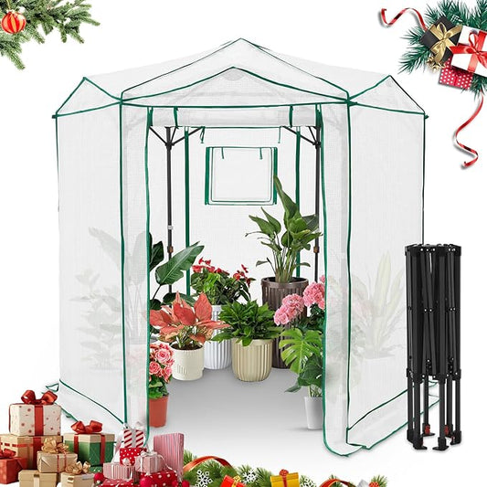 EAGLE PEAK 6.6x6.6 ft Hexagon Pop up Greenhouse, Portable Walk-in Grow Tent for Seed Starting, Garden Plants, Indoor Outdoor Green House, All-Weather Plant Shelter, PE Cover, White/Clear