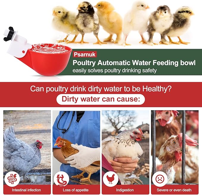 Chicken Waterer Cups (8 Pack/Red) - DIY Automatic Large Chicken Water Feeder for Ducks,Chicks, Turkeys, Quail, Bunny, Bird and Other Various Poultry Dispenser with Matching Drill