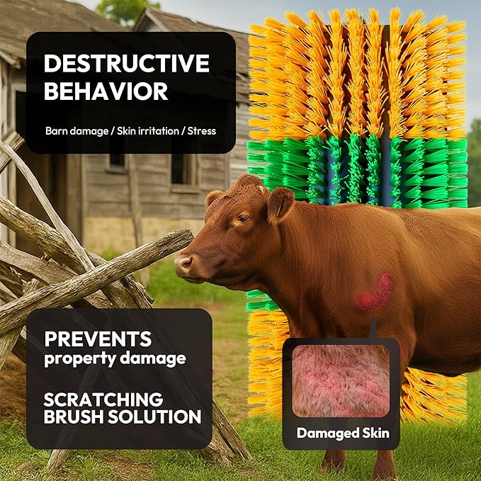 Livestock Scratching Brush — Cattle Horse Goat Pig Sheep Grooming Post with 4 Screws, Weather-Resistant Single Brush for Barn Fence Mount
