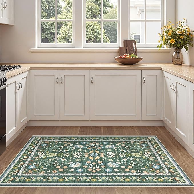 3x5 Area Rug Living Room Rugs - Washable Boho Vintage Floral Large Soft Non Slip Thin Rug Low Pile Carpet for Bedroom Dining Room Kids Playroom Office Decor Indoor- Green