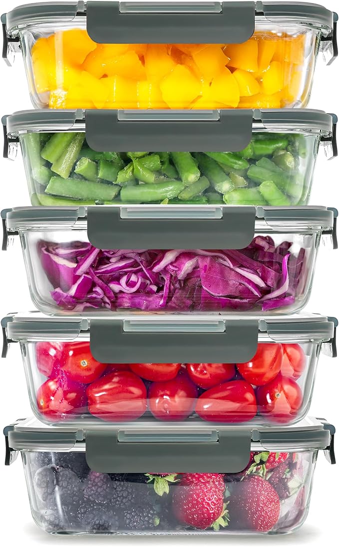 Zulay Kitchen 5 Pack Glass Meal Prep Containers with Lids - Airtight, Premium Borosilicate Glass Food Storage Containers - Microwave, Freezer & Oven Safe, BPA Free - Gray
