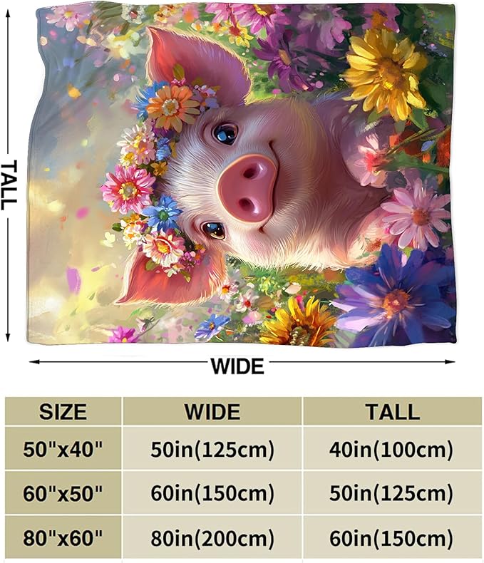 Pig Blanket, Pink Pig Throw Blanket, Flower Gifts Blankets Stuff Fleece Flannel Plush for Girls Women Men Boys Lovers Adults Soft Bedding Gift for Sofa Bed Office Home Decor 80"x60"