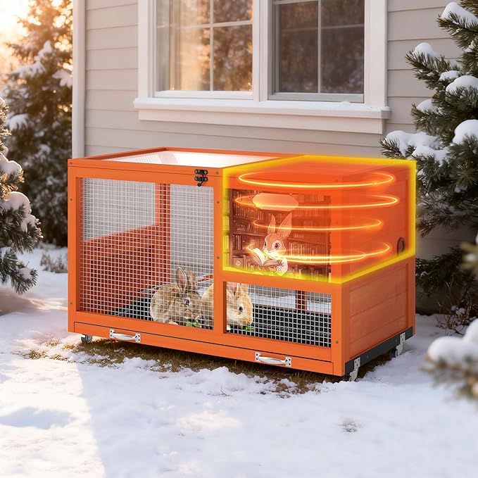 COZIWOW 36.5-Inch Double-Decker Wooden Insulated Rabbit Hutch with Wheels, Heated Rabbit Cage Featuring A Cleaning Tray and Ladder—Stylish&Easy to Assemble（Orange and Warm）