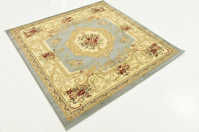 Unique Loom Versailles Collection Traditional Classic Floral Motif Area Rug (4' 0 x 4' 0 Square, Slate Blue/ Ivory)