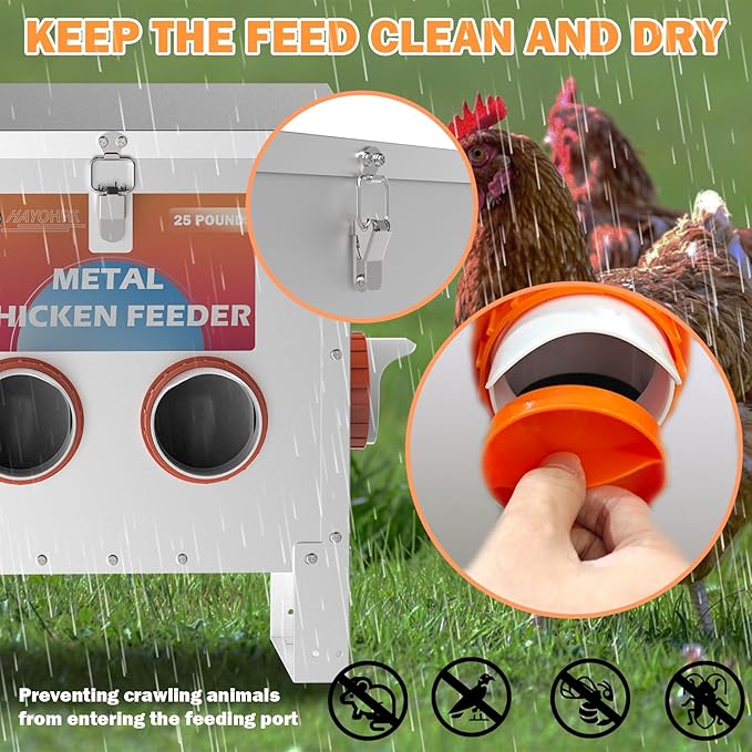 Automatic Chicken Feeder No Waste 25 Pounds 4 Ports Metal Poultry Feeder with Latch & Handle for Chickens Bantams Pheasants Poultry Coop Weatherproof