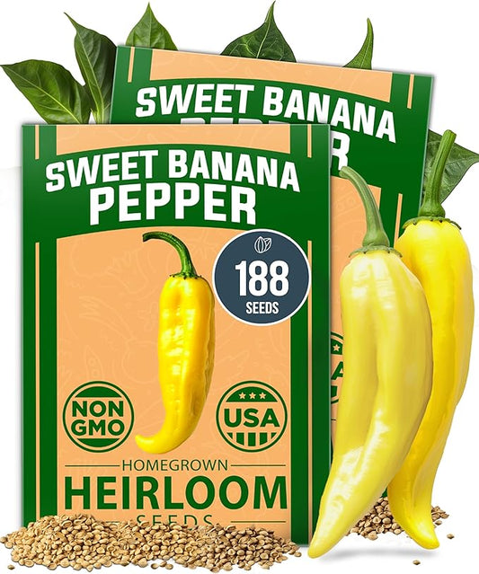 HOME GROWN Banana Pepper Seeds 2 Pack (Capsicum annuum) – 188 Heirloom Seeds, High Germination Vegetable Seeds – Growing Sweet Banana Peppers Indoors or Garden