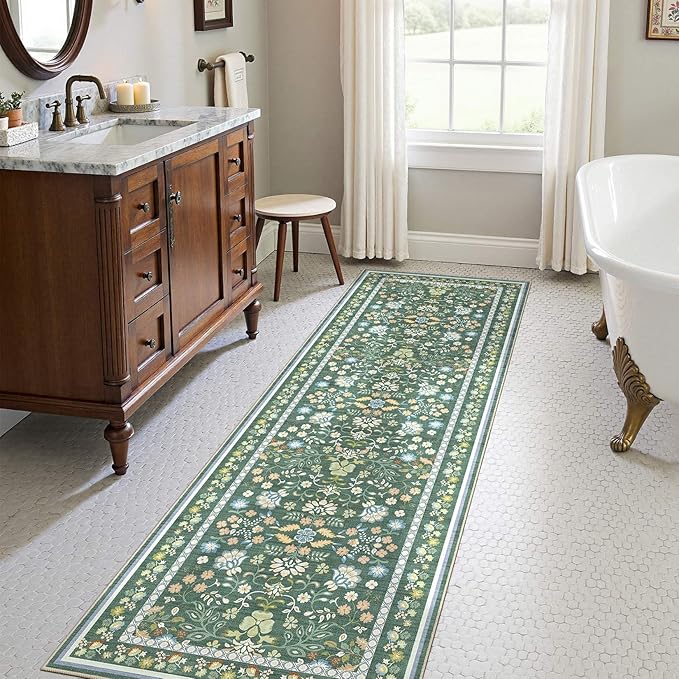 Runner Rug for Hallways Kitchen: 2x6 Washable Area Rug Boho Floral Soft Long Rug - Non-Slip Low Pile Throw Indoor Carpet for Entryway Kitchen Bedroom Laundry Bathroom - Green