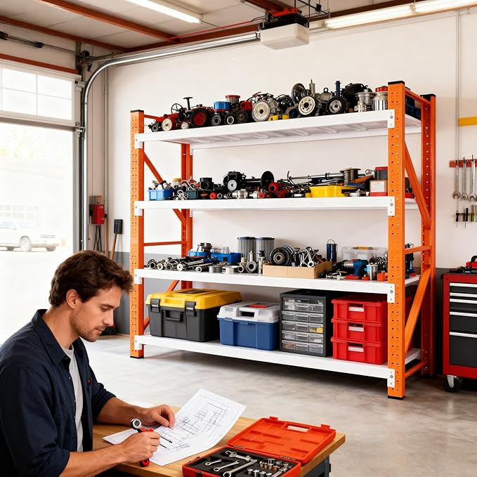 4-Tier Storage Shelves,79" H Heavy-Duty Garage Shelving Unit,Adjustable Metal Industrial Shelf System,3,000lbs Capacity,Tool Organizer for Garage,Workshop,42" W x 20" D x 79" H,Orange&White