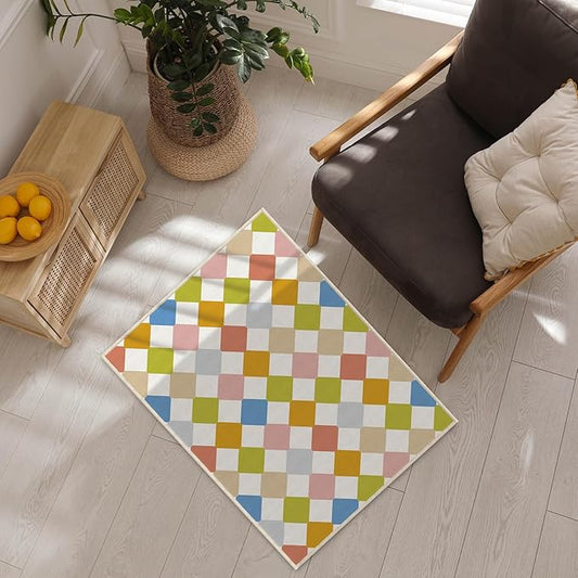 Neutral Checkered Small Carpet 2x3 Washable Geometry Colorful Area Rugs Doormat for Entryway Bathroom Living Room Bedroom Washing Room Non Slip