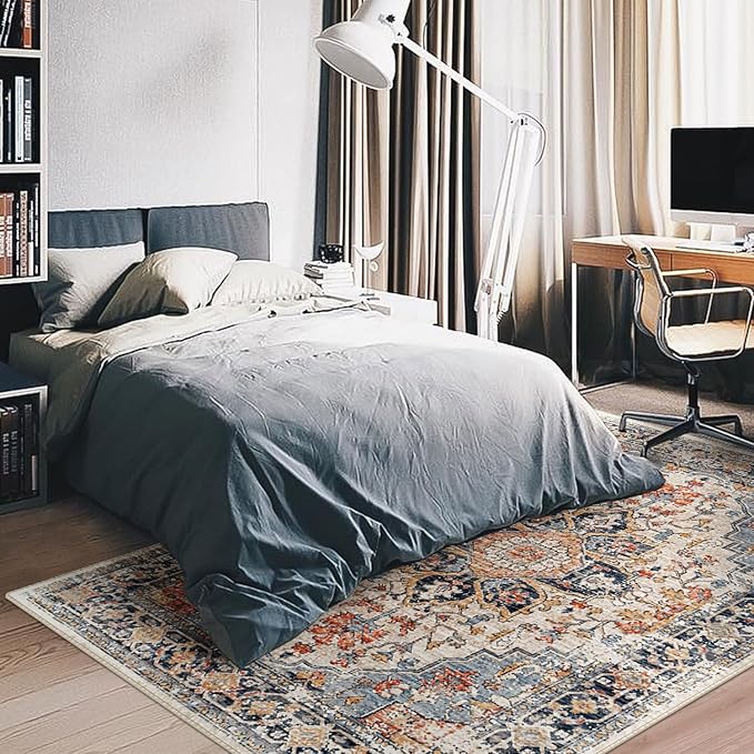 Area Rugs Washable Non-Slip, Floral Vintage Distress Print Pattern Medallion Carpet for Living Room Bedroom Dining Room, Beige Navy Blue Orange Colorful (Blue, 3' x 5')