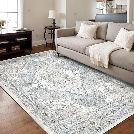 Washable 3×5 Area Rug for Living Room, Vintage Floral Rug Soft Non Slip Stain Resistant Boho Carpet for Bedroom Dinning Room Kitchen Home Office Blue-Multi