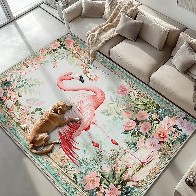 8x10 Flamingo Area Rugs Boho Floral Tropical Botanical Rug for Living Room Indoor Soft Non-Slip Thin Large Carpet Flower Rugs for Bedroom Home Decor Under Table Washable Machine
