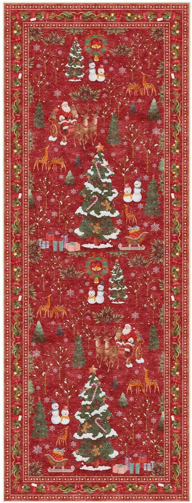 Christmas Runner Rug for Hallway: 2x6 Neutral Modern Festive Low Pile Soft Thin Indoor Carpet for Bedroom Kitchen Mat Kids Room Holiday Decor - Red