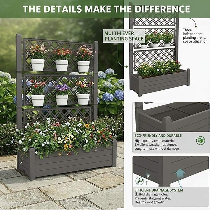 5.3' Tall Raised Garden Bed with Trellis, Outdoor Resin Plant Stand Planter Box with Drainage Plug for Veg/Fruits/Herb/Flower Best Choice for Backyard, Patio, Balcony (Coffee, 2 Pack)