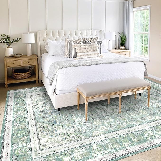 Vhong Boho Area Rugs Vintage Washable Modern Neutral Large Carpet Sage Green 9×12 High Traffic Rugs for Dinning Room Living Room Bedroom Farmhouse Non Slip
