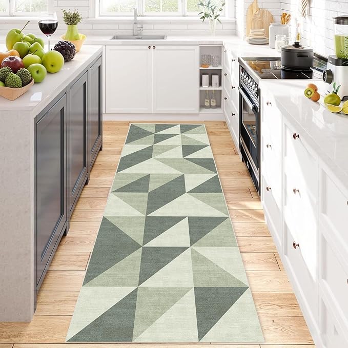 Green Washable Runner for Hallway Bedroom 2x6 Modern Abstract Geometric Non Slip Rug Low Pile Indoor Floor