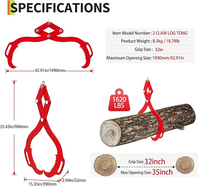 GarveeLife 32 in Log Lifting Tongs, 2 Serrated Claw Hook, 2200 LBS Heavy Duty Grapple Timber Claw with Handles, Lumber Log Skidding Tongs for Tractors, Trucks