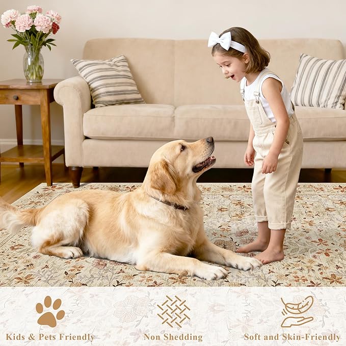 DUKINO 5x7 Area Rugs, Floral Washable Rugs for Bedroom with Non Slip Backing, Vintage Low Pile Indoor Floor Carpets for Bedroom, Living Room, Farmhouse, Home Office, Dining Room, Beige