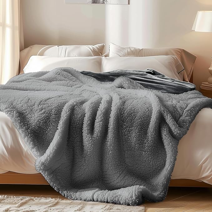 Waterproof Blanket Double Size - Sherpa Fleece Reversible Throw, Soft Warm Leak-Proof Bed & Couch Protector for Kids, Pets & Everyday Spills (Charcoal Grey/Silver Grey, 85x90)