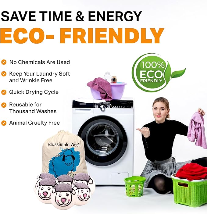 Wool Dryer Balls 6-Pack 100% Natural New Zealand Wool, Handmade in Nepal Reusable Laundry Balls, Faster Drying, Softer Clothes, Anti-Static, Dryer Sheets Alternative (Sheep)