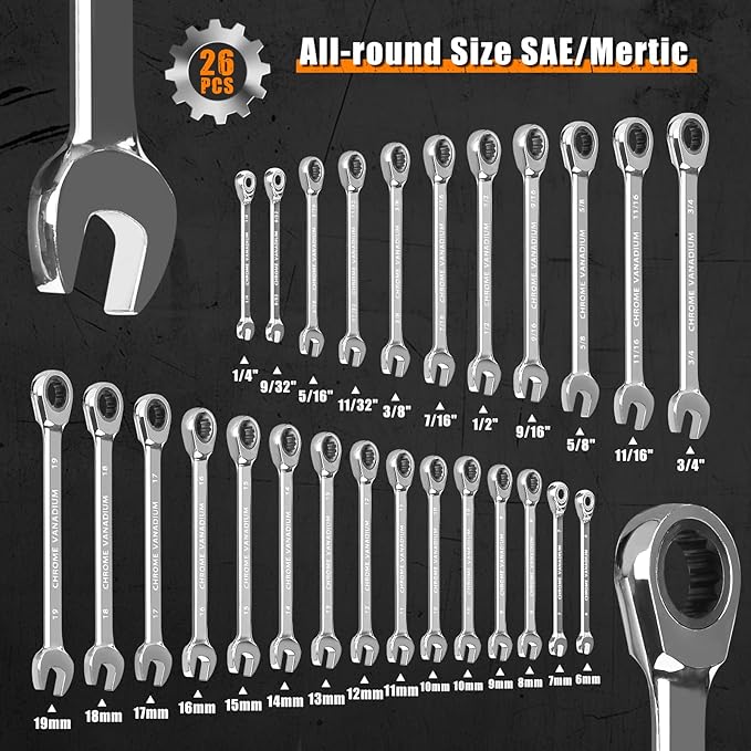 Egofine 26pcs Ratchet Wrenches Set, Wrench Set Metric and Standard, Combination Wrench Sets, CR-V Steel 6-19mm, 1/4" to 3/4" 72-Teeth, with Tool Roll Bag