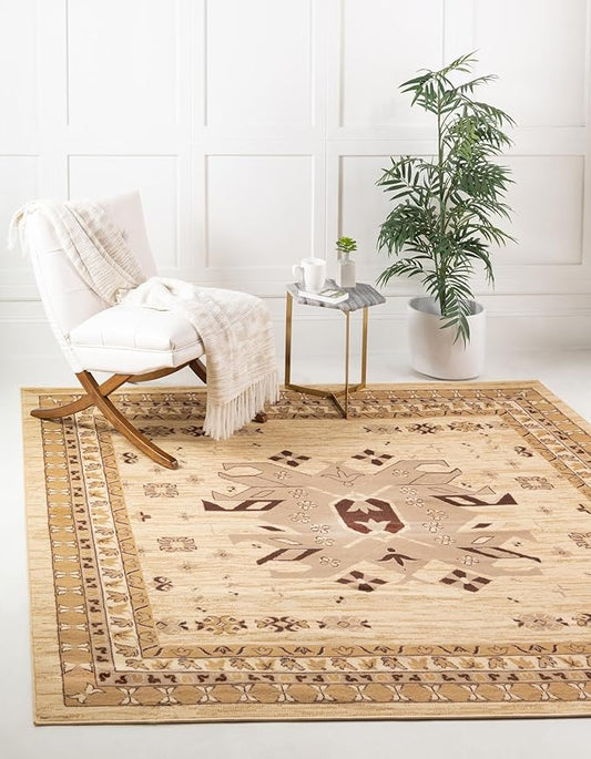 Unique Loom Taftan Collection Border Geometric Tribal Inspired Design Area Rug (8' 0 x 8' 0 Square, Ivory/ Tan)