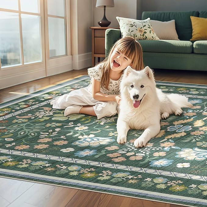 5x8 Area Rug Living Room Rugs - Washable Boho Vintage Floral Large Soft Non Slip Thin Rug Low Pile Carpet for Bedroom Dining Room Kids Playroom Office Decor Indoor- Green
