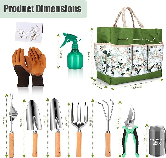 Gardening Tools Set of 10, Heavy Duty Stainless Steel Garden Hand Tools with Floral Tote Bag, Rust-Proof Garden Tools for Gardening, Gardening Gifts for Women, Men and Plant Lover