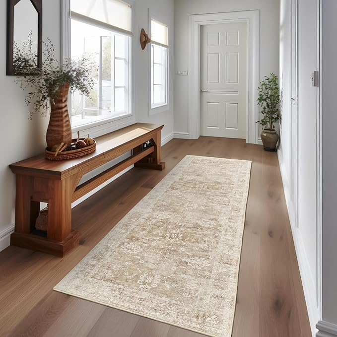 Madane Rug Runner for Hallways 2'6''x8, Washable Kitchen Runner Rugs with Non Slip Backing, Soft Floral Print Carpet Runners for Laundry Room, Bedroom, Beige/Brown