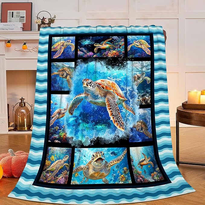 Sea Turtle Blanket, Ocean Turtle Throw Blanket, Sea Animal Gifts Blankets Stuff Fleece Flannel Plush for Girls Women Men Boys Lovers Adults Soft Bedding Gift for Sofa Bed Office Home Decor 60"x50"