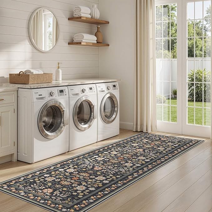 Runner Rug for Hallways Kitchen: 2x6 Washable Area Rug Boho Floral Soft Long Rug - Non-Slip Low Pile Throw Indoor Carpet for Entryway Kitchen Bedroom Laundry Bathroom - Black Grey