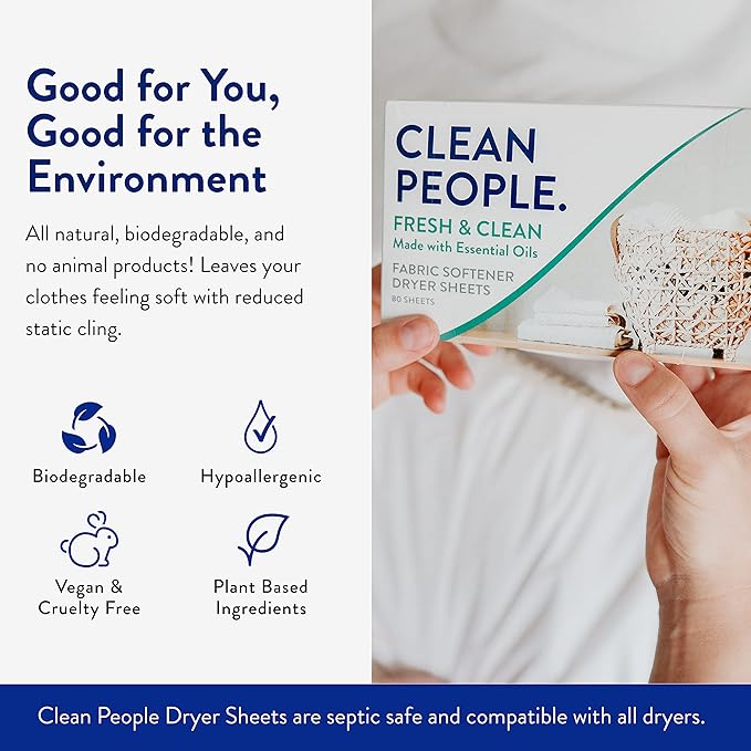 The Clean People Fabric Softener Sheets - Dryer Sheets - Softens & Removes Static Cling - Vegan Laundry Softener With Essential Oils - Fresh Scent, 240 Pack