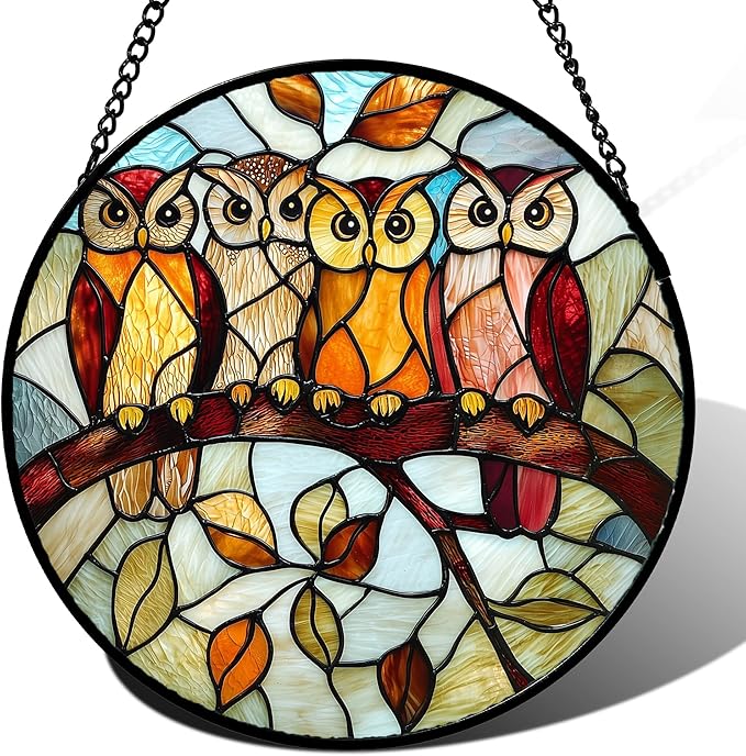 Stained Glass Window Hanging, 4 Owls on a Branch Sun Catcher for Door Home Decor White Brown Bird Suncatcher Christmas Mother's Day Birthday Gifts for Women Men Mom and Nana 7.8 in
