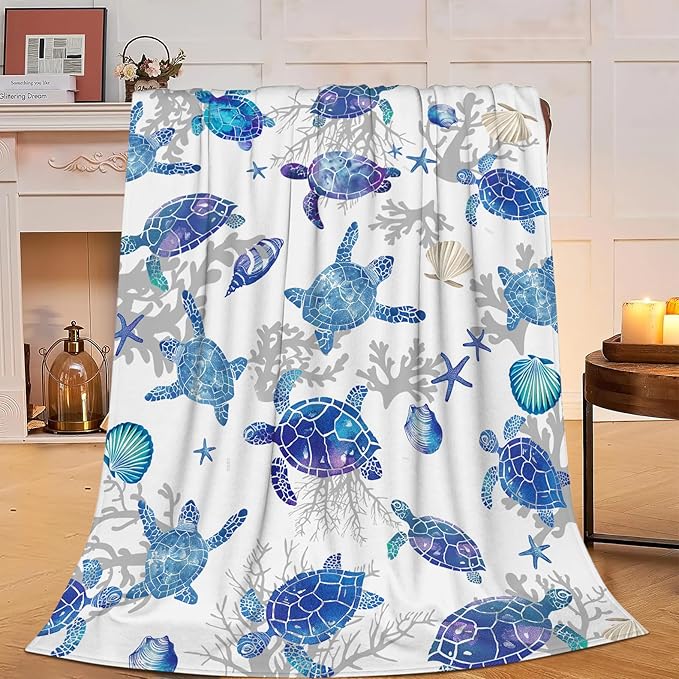 Sea Turtle Blanket Ocean Throw Blanket Soft Warm Cozy Fuzzy Plush Turtle Throw Blanket Gifts for Girls Women Sea Turtle Lightweight Fleece Flannel Gift Blankets for Kids Adults 50"X60"