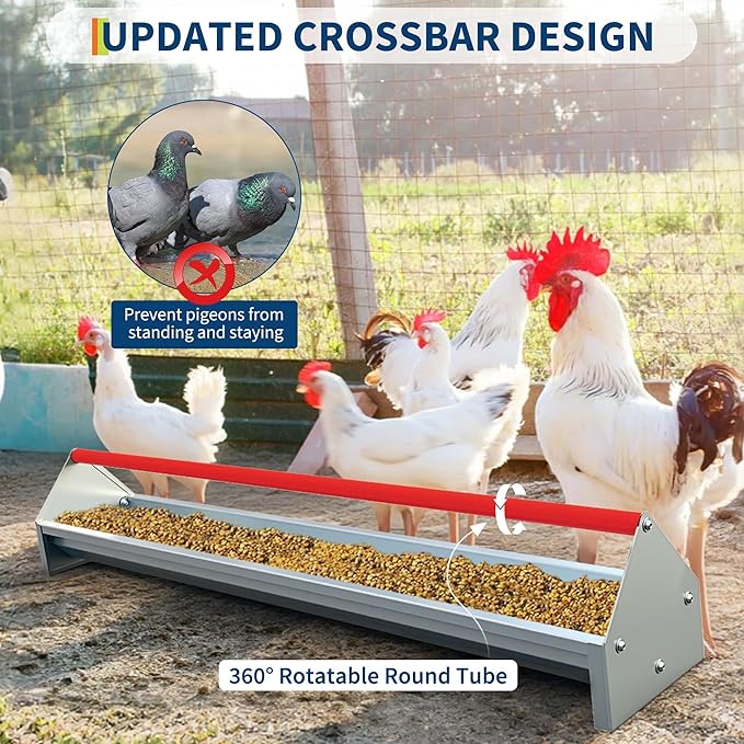 45" Chicken Feeding Trough, Galvanized Steel Chicken Feeder with Crossbar & Drainage Holes, Large Capacity Poultry Feeder Trough for Chicks, Duck, Goose, Turkey, Rabbit, Pigeon Red