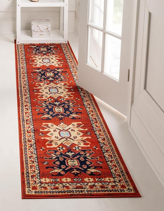 Unique Loom Taftan Collection Border Geometric Tribal Inspired Design Area Rug (3' 0 x 16' 5 Runner, Terracotta/ Ivory)