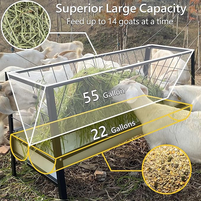 Pasture Feeder Black, 5-Feet Long, 77 Gallon Capacity Livestock Feeder with Deeper Feeding Pan, All Steel Frame, Easy to Assemble and Carry, Feeding Goats, Sheep for Farms, Sheep Sheds