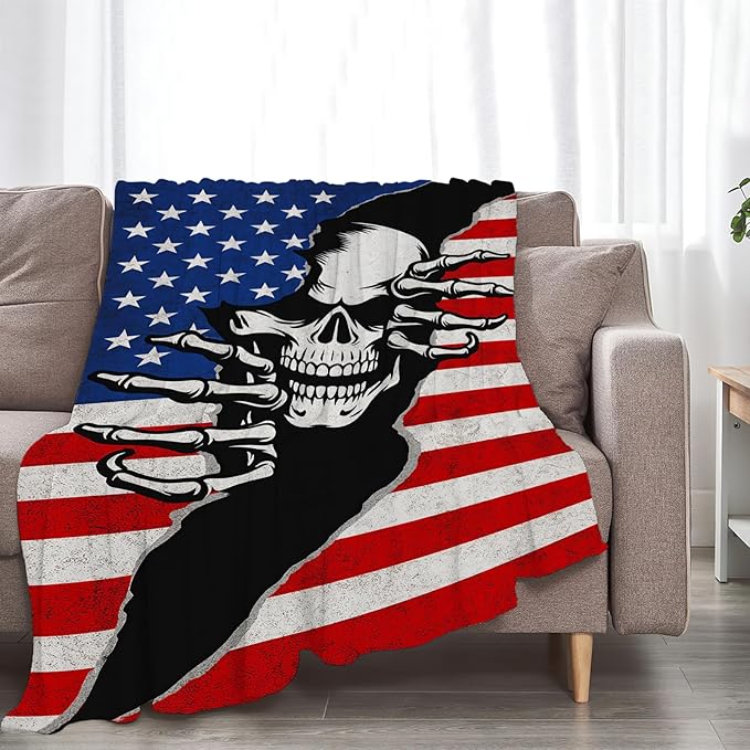 Gothic Skeleton Fleece Blanket Horrible Skull Throw Blankets for Girls Boys Super Soft Warm Flannel American Flag Throws Gifts for Men Women Cozy Fuzzy Plush Stuffed Couch Bed Bedding Decor 50"X40"