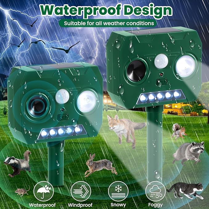 Solar Ultrasonic Animal Repellent Outdoor, 4 Pack Cat Squirrel Raccoon Bird Dog Deer Repellent Devices with PIR Motion Sensor ＆ LED Flash, Waterproof Animal Deterrent for Garden Yard Farm
