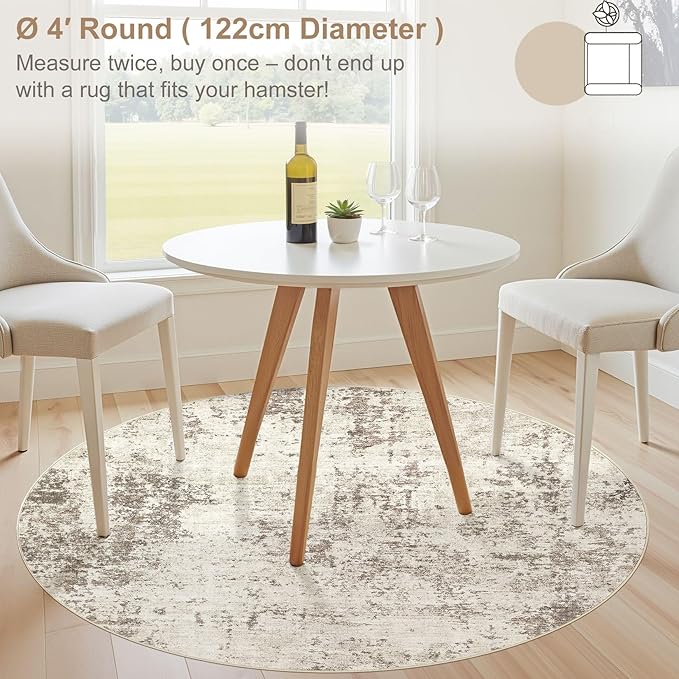 4ft Round Area Rug Living Room Rugs - 4x4 Washable Neutral Modern Abstract Soft Thin Rug Indoor Floor No Slip Rug Carpet for Bedroom Under Dining Table Home Office Decor - Golden Grey