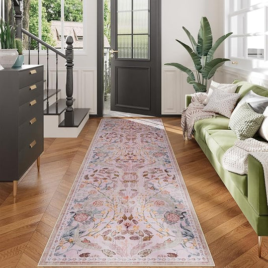 AMTOVO 2x6 Runner Rug for Hallway, Washable Non-Slip Long Kitchen Carpet, Floral Vintage Distressed Floor Mat for Hallways Entryway Living Room Laundry Room Bathroom Farmhouse, Pink