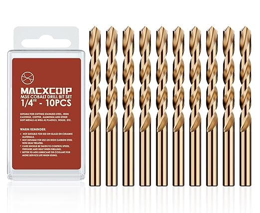 1/4" (10pcs) Cobalt Drill Bit Set, M35 High Speed Steel Jobber Length Drill Bit Kit for Hardened Metal, Stainless Steel, Cast Iron, Wood and Plastic, with Index Storage Case