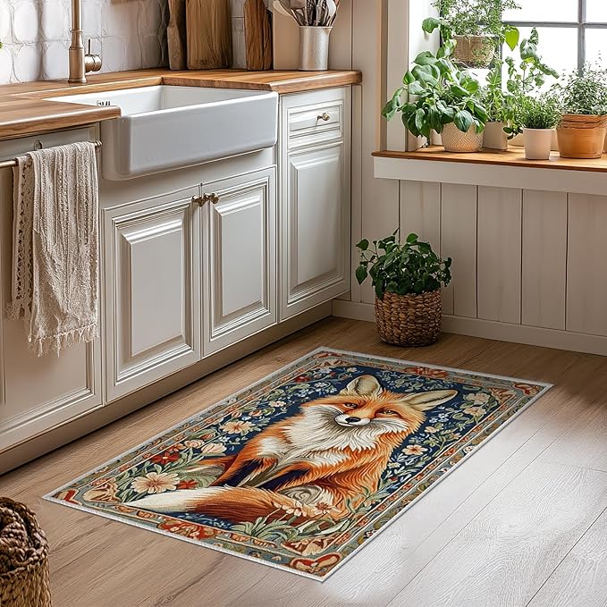 2x3 Fox Area Rugs Boho Floral Flower Rug for Bathroom Kitchen Entryway Indoor Soft Non-Slip Thin Hippie Carpet Small Doormat for Office Dining Room Under Table Washable Machine