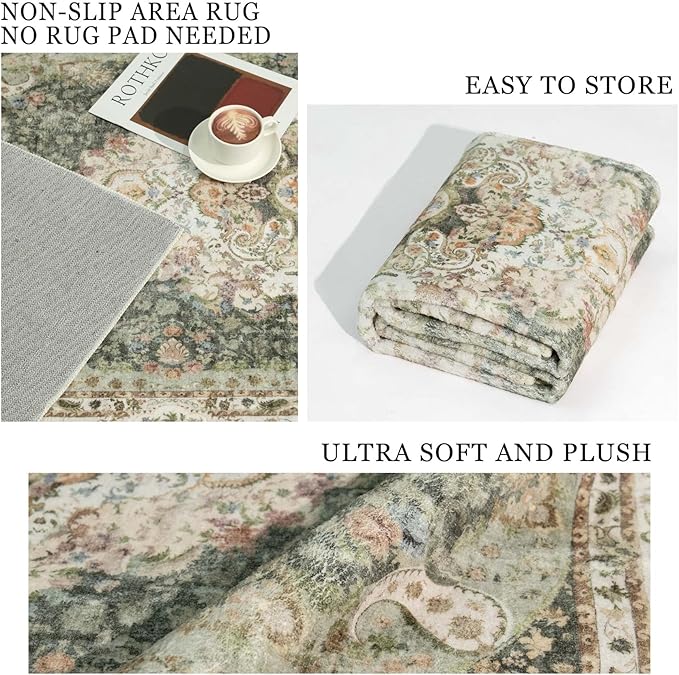 Green Round Rug 9ft,Large Circle Area Rugs for Bedroom Living Room Dining Room,Washable Boho Vintage Bohemian Distressed Oriental Carpet Non Slip,Sage Floral