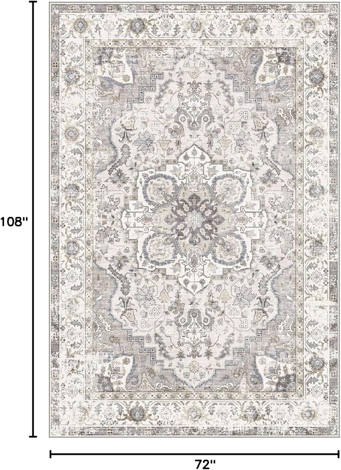 6x9 Area Rug for Living Room - Large Oriental Washable Rugs for Bedroom Non-Slip Cream Stain Resistant Dining Room Rug Farmhouse Low-Pile Carpet Soft Vintage Rug for Office Guest Room