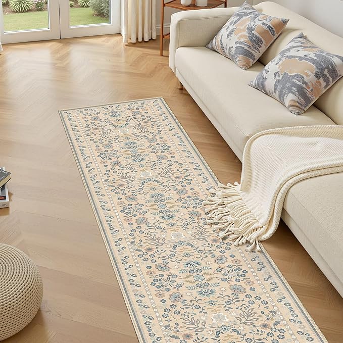 Runner Rug for Hallways Kitchen: 2x8 Washable Area Rug Boho Floral Soft Long Rug - Non-Slip Low Pile Throw Indoor Carpet for Entryway Kitchen Bedroom Laundry Bathroom - Multi Color